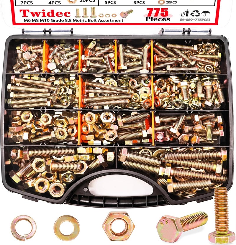 Twidec /775PCS Metric Bolt Assortment,Grade 8.8 Hex Head Nuts and Bolts Assortment Kit, M6/M8/M10(12-60mm) Heavy Duty Bolts and Nuts Kit, Flat & Spring Lock Washer Gold Zinc Plating With Storage Case - Image 1